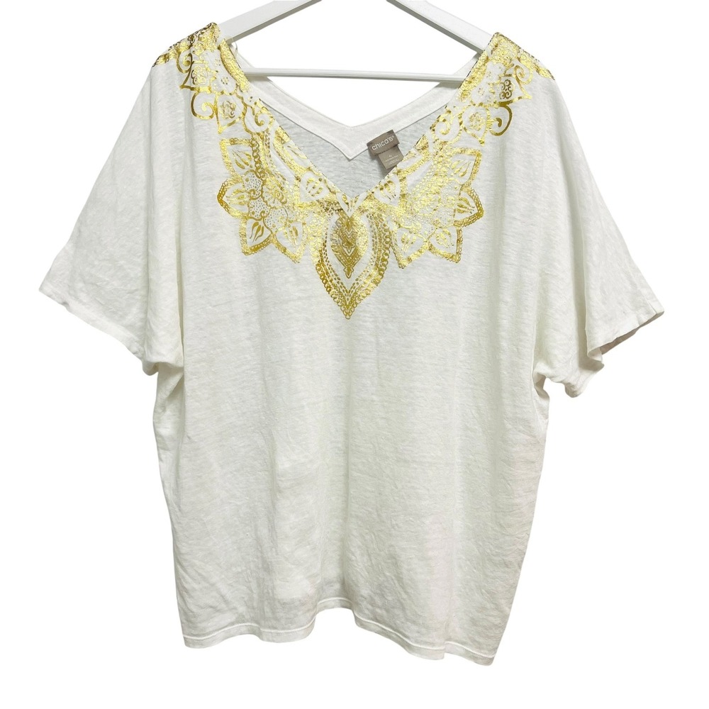Chico's Linen Top Womens 4 XXL White Gold Foil V-Neck Short‎ Sleeve Boho Coastal
